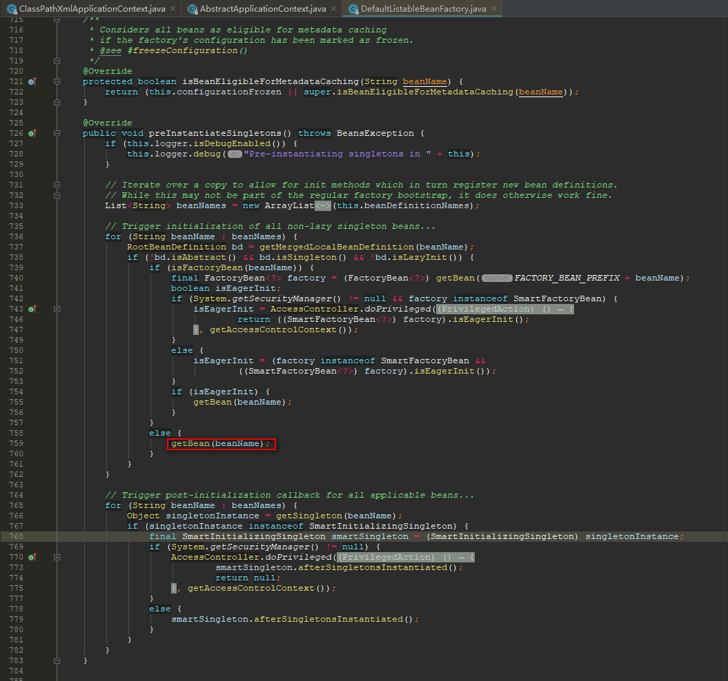 BeanFactory#preInstantiateSingletons()#getBean()